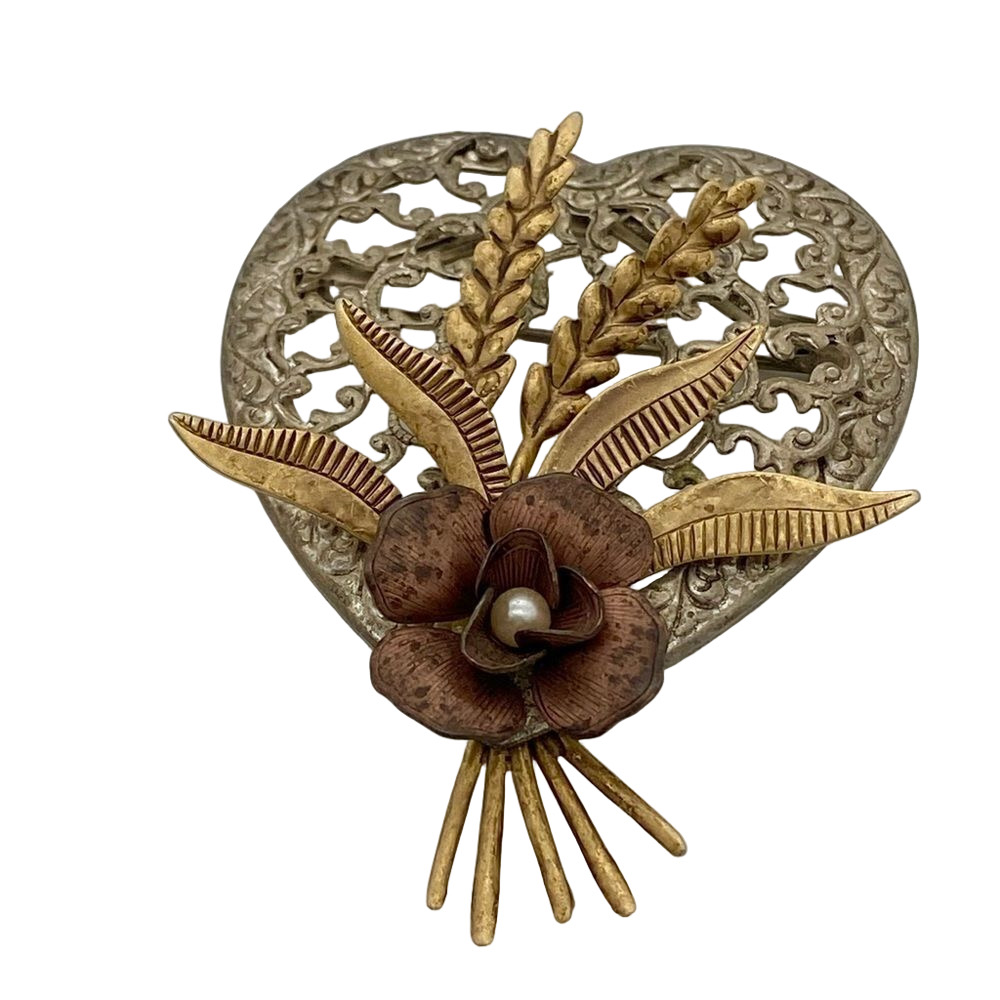 Floral heart wheat silver tone brooch pin